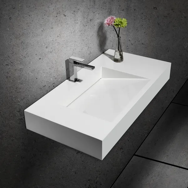 Wall Hung Stone Resin Rectangle Bathroom Ramped Sink In Matte White
