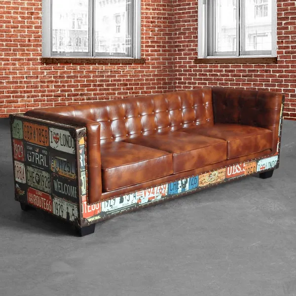 Vintage Industrial Loft 3 Seater Sofa, Sofa Faux Leather