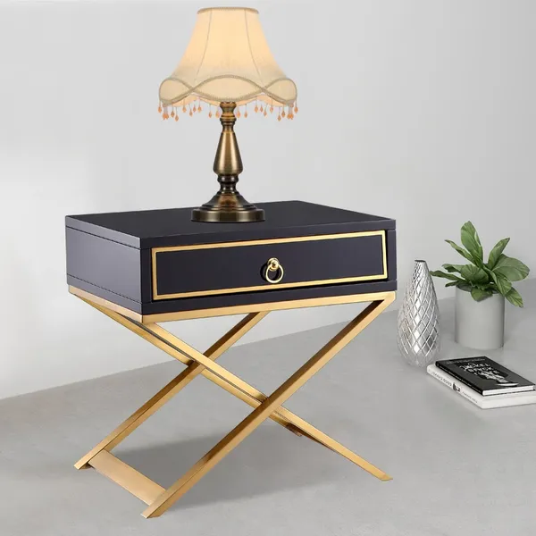 Black Bedside Table Gold Storage Nightstand With Drawer Stainless Steel X Base