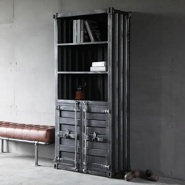 Industrial Cargo Container Style, Black Bookcase With Glass Doors And Drawers
