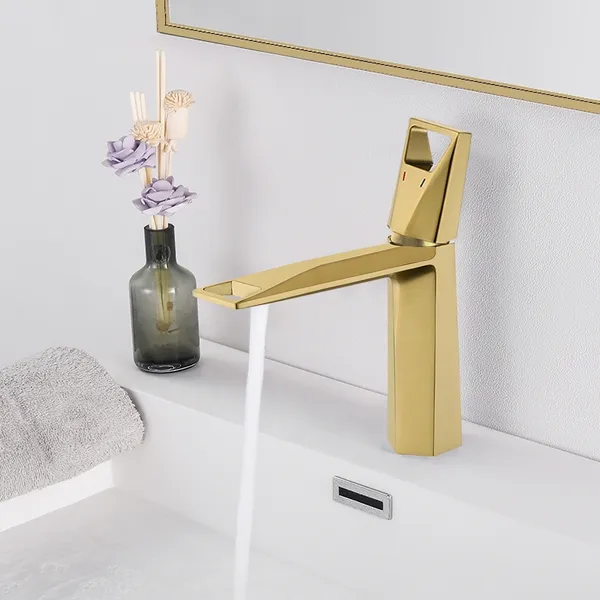 Brushed Gold Single Handle Bathroom Sink Faucet Single Hole Solid Brass