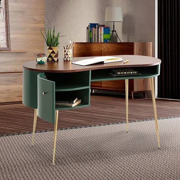 Mid Century Modern Green Curved Office Desk Computer Desk With Shelves Storage Gold Legs