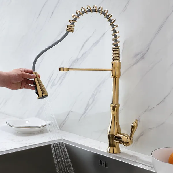Modern Style Gooseneck Single Handle Spring Pull Out Kitchen Mixer Basin Tap Brass With 3 Function
