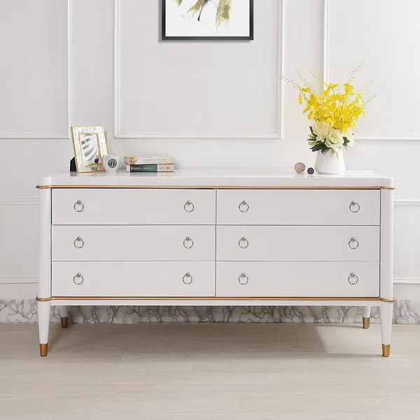 59 White Cabinet Glossy Bedroom Dresser With 6 Drawers In Gold