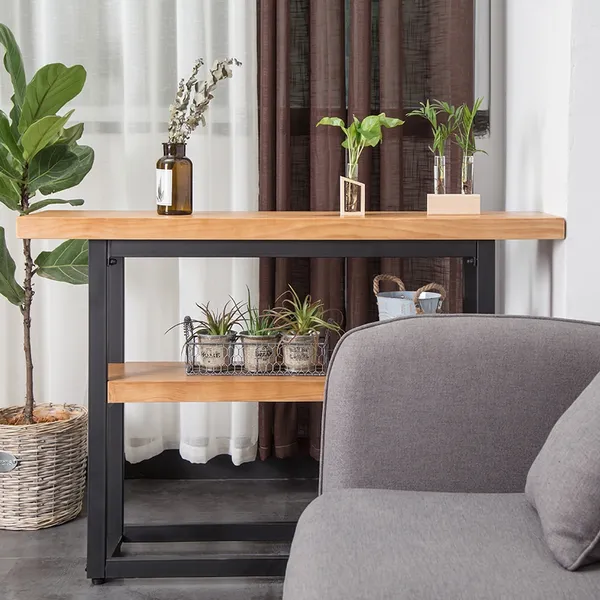 39 Retro Narrow Wooden Console Table With Shelf Metal In Black Finish
