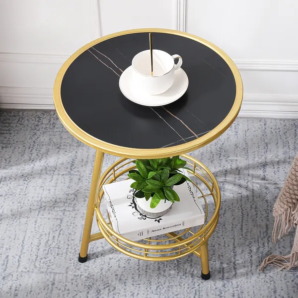 White Round Side Table With Storage Stone Top End Table