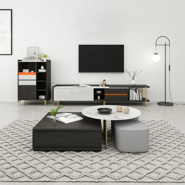 Round And Square Nesting Coffee Table With Ottomans Storage Drawers Faux Marble Mdf 2 Piece Accent Table