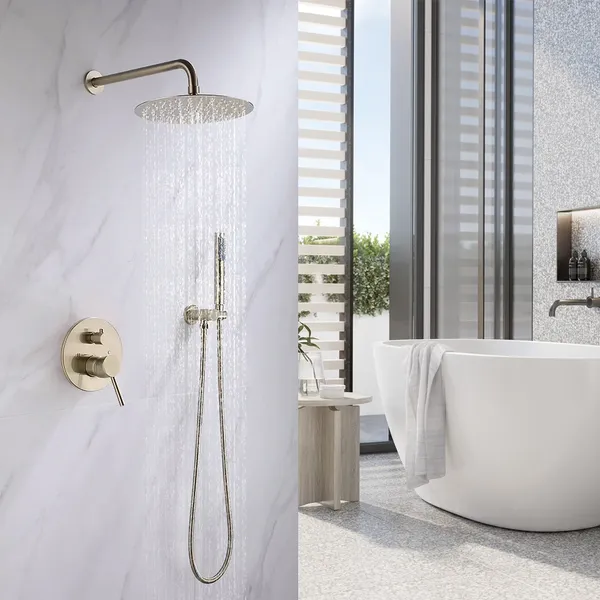 Brushed Gold 10 Round Rainfall Shower Head Wall Mounted Rain Shower System With Handheld Shower Solid