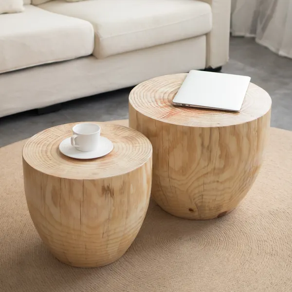 Round Pine Wood Drum 2 Piece Coffee, Round Wooden Coffee Table Set