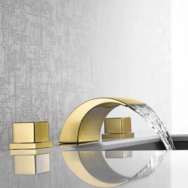 Victoria Waterfall Widespread Brushed Gold Bathroom Sink Faucet 2 Handle