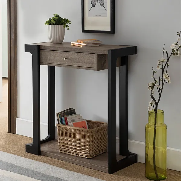 Drawer Shelf Wooden Top Metal Frame, Narrow Console Table With Drawers And Shelves