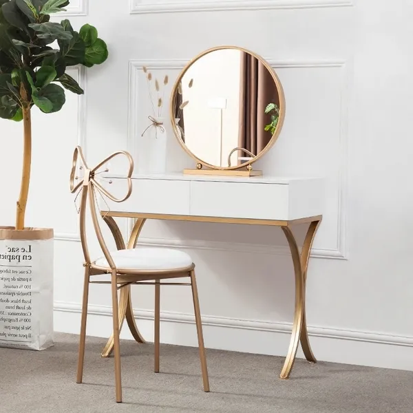 Wood Makeup Table With Round Mirror, Dressing Table With Round Mirror