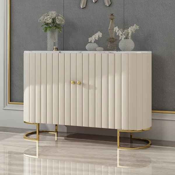 Off White Modern Sideboard Buffet Pu Leather Sideboard Cabinet With Doors Drawers In Gold