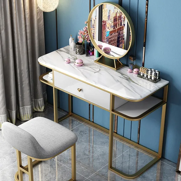 Faux Marble Tabletop Dressing Makeup, Vanity With Mirror And Chair