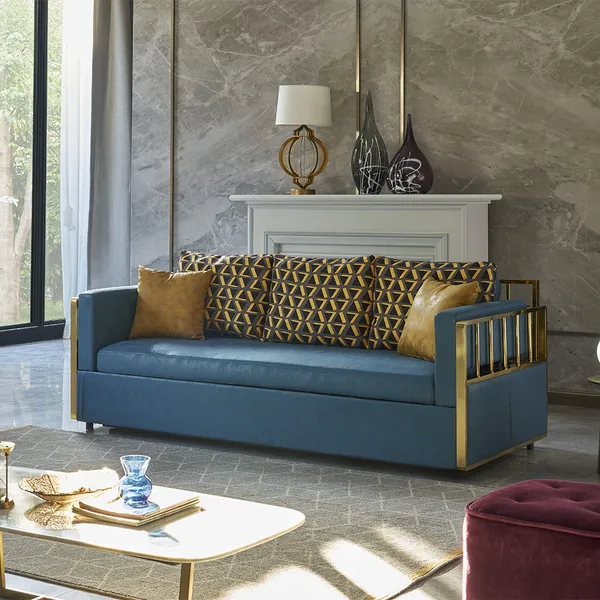 Modern Wood Bunk Bed Sleeper Sofa Blue Upholstered Convertible Sofa Bed 3 Seater Pillows Included