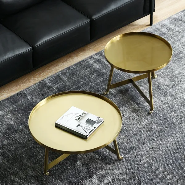 Stylish Gold Coffee Table Medium Round Rolling Side Table With Wheels Tray Top
