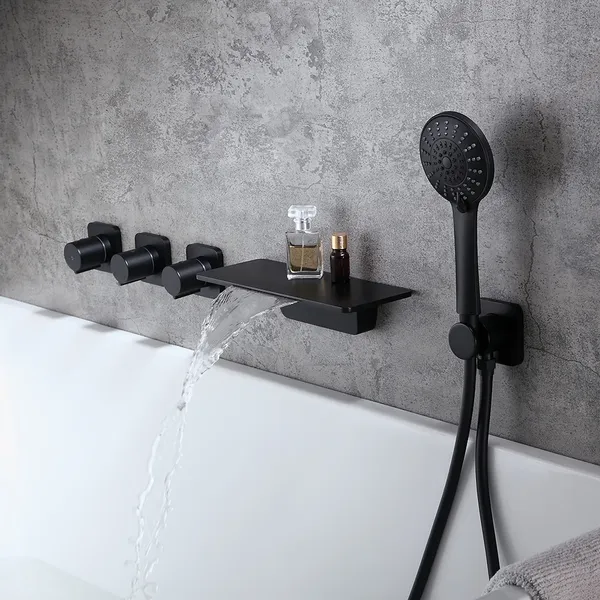 Hand Shower In Matte Black Solid Brass, Waterfall Bathtub Faucet Wall Mount