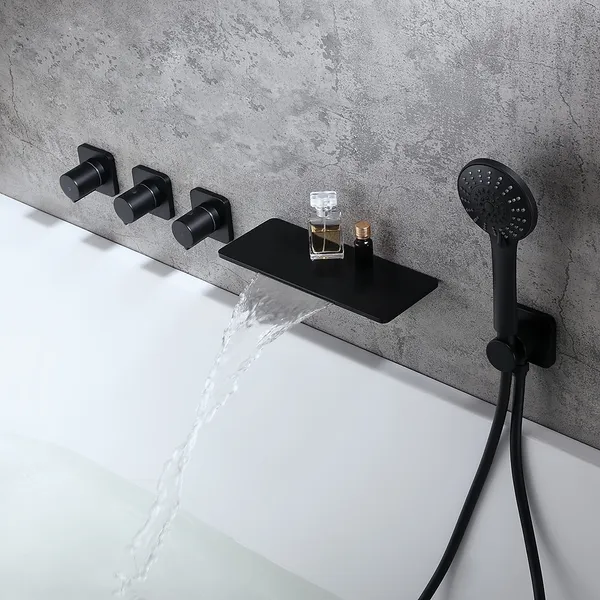 Modern Stylish Wall Mount Waterfall Bathtub Faucet With Hand Shower In Matte Black Solid Brass - Wall Mounted Tub Faucet With Hand Shower