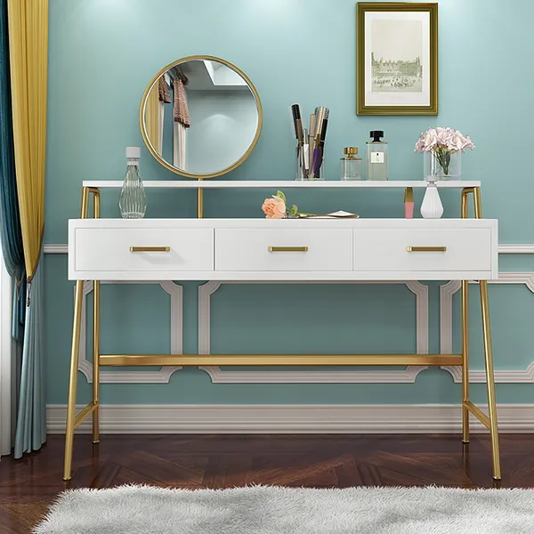White Gold Makeup Vanity With Mirror, Makeup Vanity Shelf