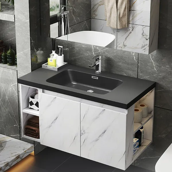 Black 27 6 Faux Marble Wall Hung Bathroom Vanity With Top Stone Slate Counter Sink In