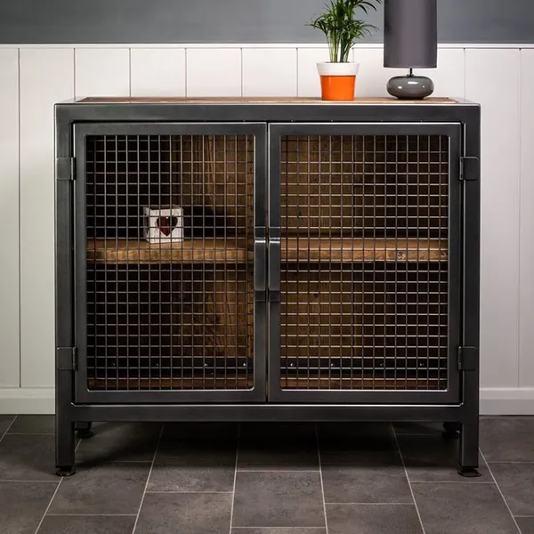 Industrial Sideboard Mesh Door Household Sideboard Black Metal Cupboard Storage Cabinet Large Space Organizer