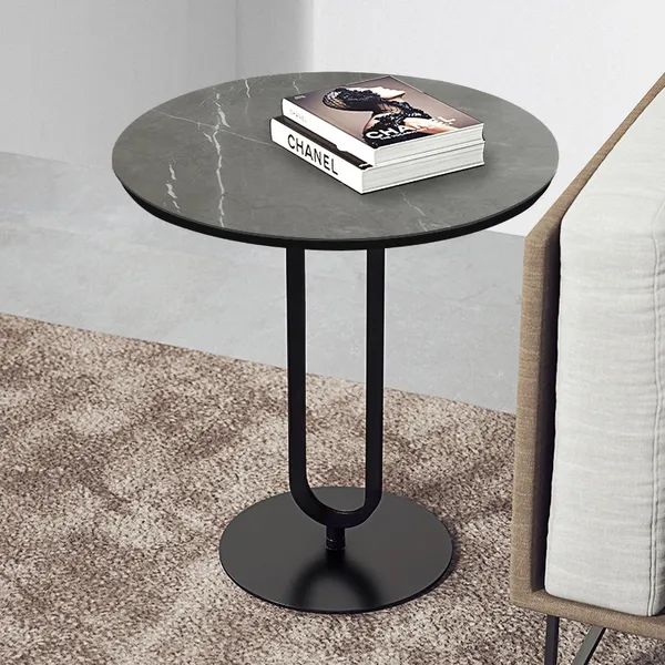 Round Side Table Black Carbon Steel Base, Black Round End Table