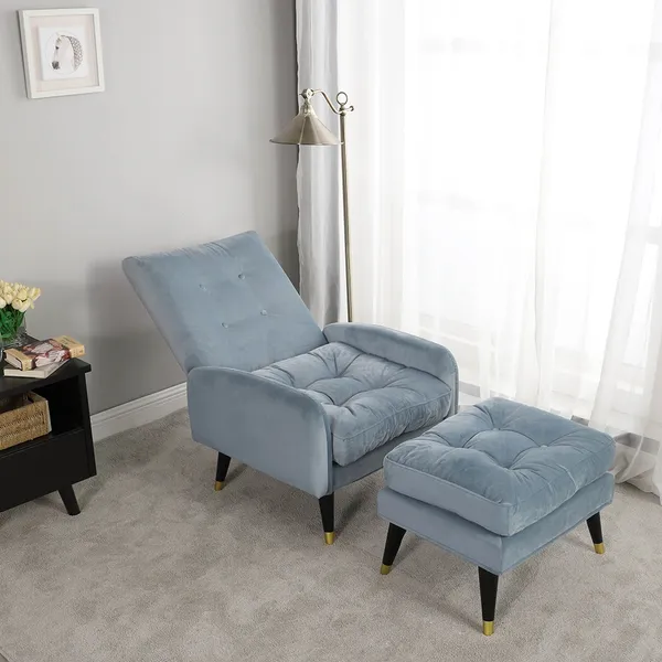 Mid Century Blue Velvet Upholstered Lounge Chair With Ottoman Botton Tufted Chair With Adjustable Back