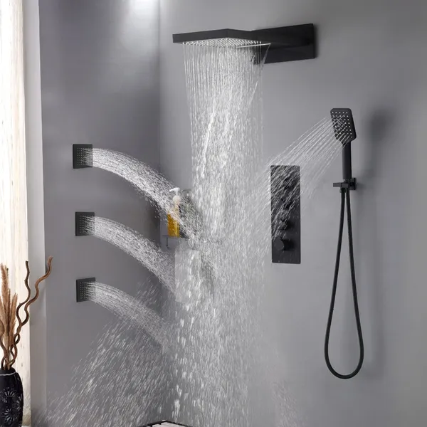Luxury Wall Mounted Waterfall Rain Shower System With 3 Body Sprays Handheld Shower Solid Brass