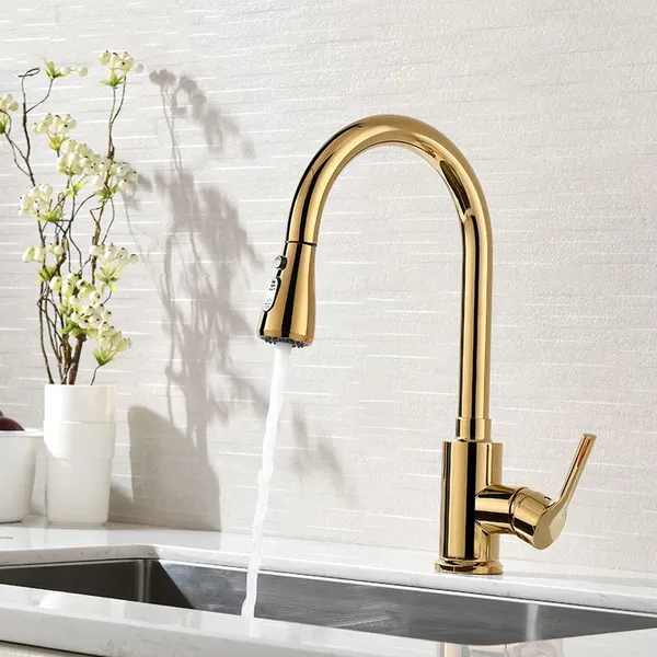 Modern Single Hole Single Handle Kitchen Sink Faucet Pull Out Sprayer Swivel Spout Solid Brass In