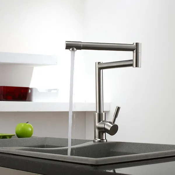 Brushed Nickel Deck Mount Retractable Pot Filler Kitchen Faucet 1 Lever Stainless Steel