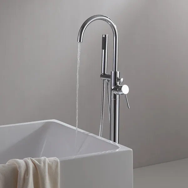 Brewst Contemporary Floor Mount Tub Filler Brass Freestanding Bathtub Faucet With Hand Shower Polished Chrome