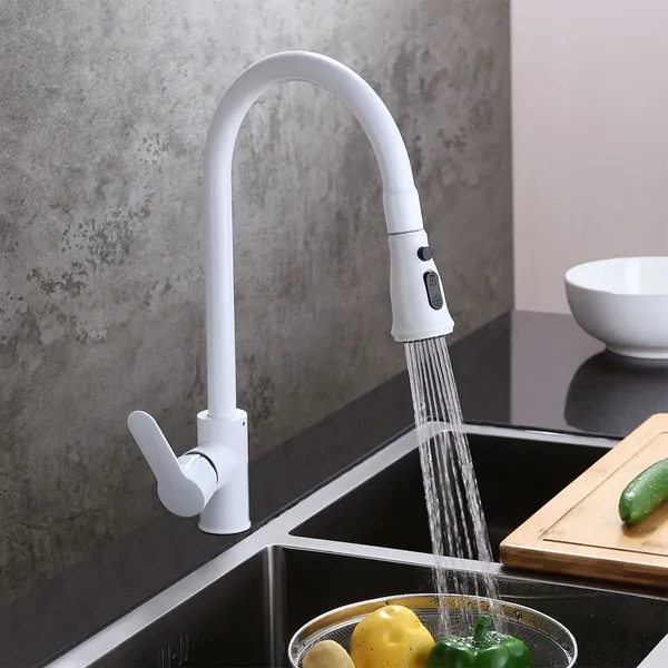 White High Arc Single Handle Pullout Sprayer Kitchen Faucet With Dual Function