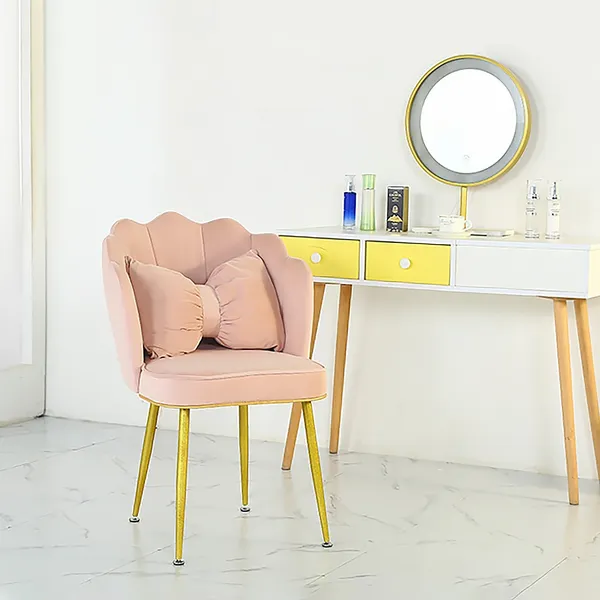 Modern Lovely Round Pink Velvet Upholstered Gold Dining Room Chair Metal Frame