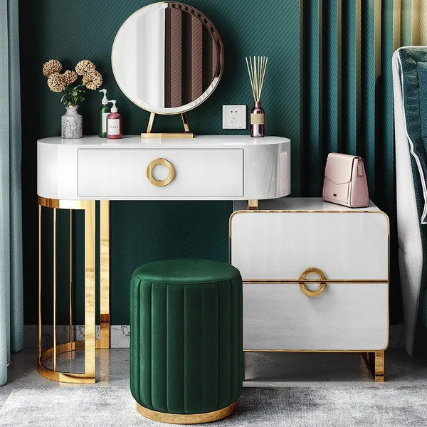 Modern White Makeup Vanity With Side Cabinet Dressing Table With Drawers Gold Stainless Steel Mirror Stool Not