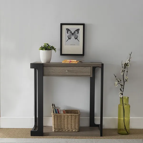 Drawer Shelf Wooden Top Metal Frame, Slim Black Console Table With Drawers