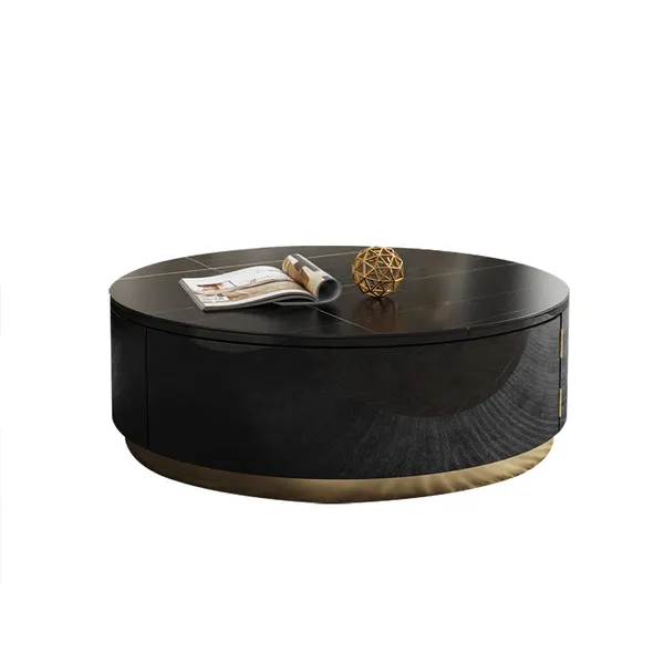 Black Round Coffee Table With Rotating, Stone Top Coffee Table With Drawers