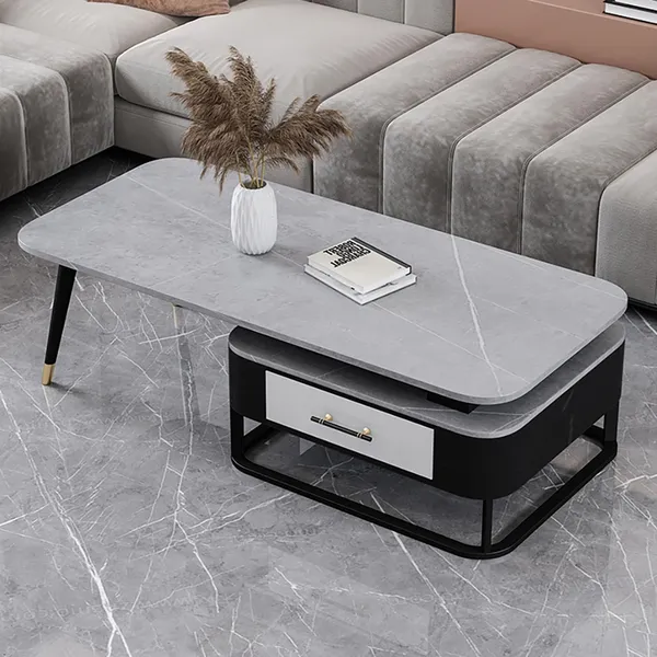 Modern Gray Coffee Table With Drawer, Stone Top Coffee Table With Storage