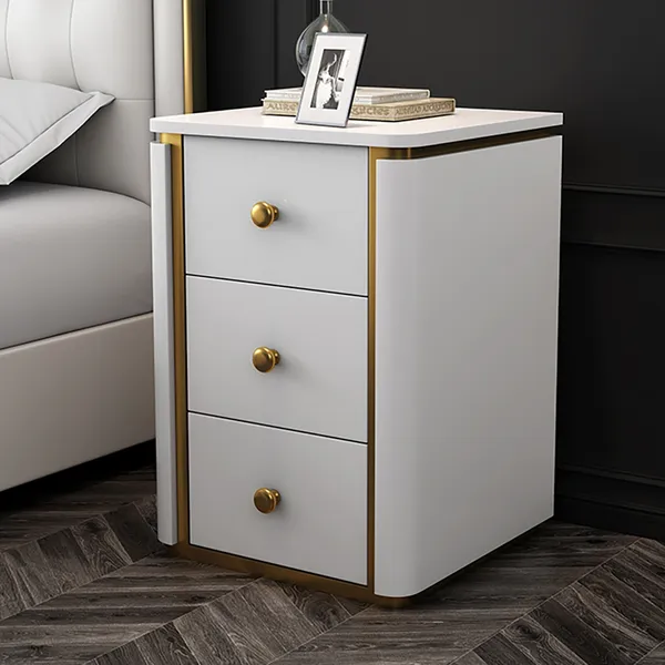 Modern White Nightstand 3 Drawer Lacquered Bedside Table Gold Base