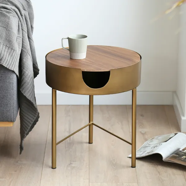 Gold Round End Table With Storage Metal, Round Metal End Table With Drawer