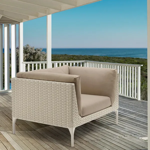 Woven Rattan Armchair Outdoor Accent Chair With Square Arm Cushion Back