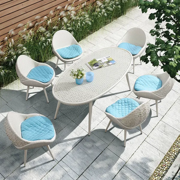7 Pieces Rattan Woven Outdoor Dining Set With Oval Table And 6 Side Chairs