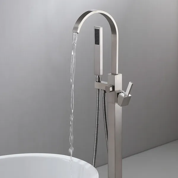 Brushed Nickel Freestanding Tub Filler Brass Single Handle Floor Mounted Bathtub Faucet With Handheld Shower