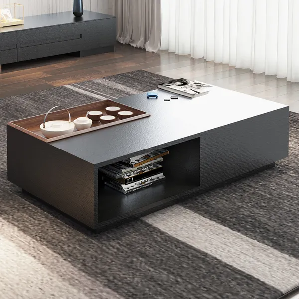 Rectangular Coffee Table With Drawer, Black Wooden Coffee Table Tray