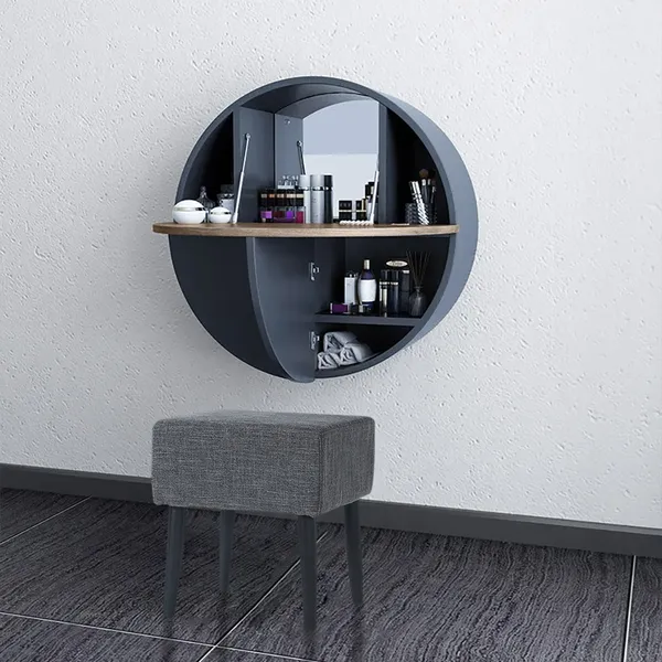 Modern Round Wall Mount Makeup Vanity Table Set With Mirror Gray Makeup Vanity Drawers Stool
