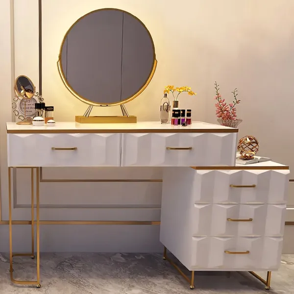 Modern White Makeup Vanity Expandable, Table With Mirror For Makeup
