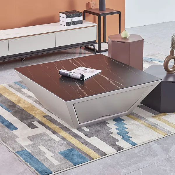 Modern Square Coffee Table With Storage Stone Top Wood Base In Black White