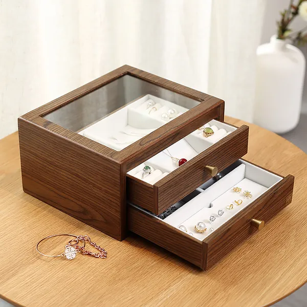 Modern Wooden Jewelry Box Desk Organizer With Drawers Glass Top