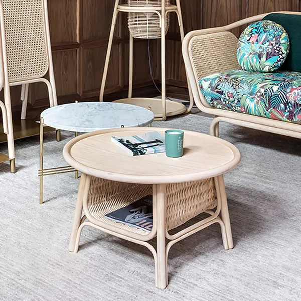 Rustic Round Coffee Table With Storage Plywood Top Rattan Shelf In Natural