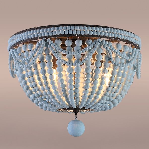 Blue Wood Bead Round Chandelier Ceiling Lamp Flush Mount Lighting Fixture Decor 