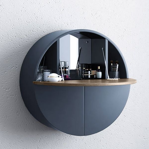 Modern Round Wall Mount Makeup Vanity Table Set With Mirror Gray Makeup Vanity Drawers Stool Included